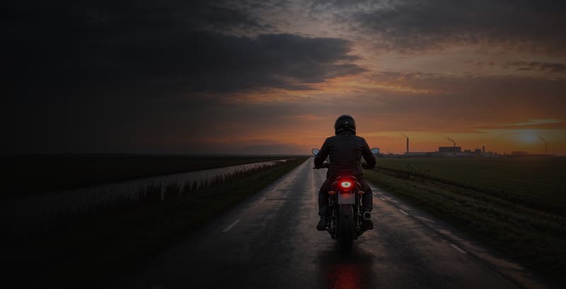 Foto uit de hero van de website van BikePartsNL: een motorrijder, van achteren, op een natte polderweg bij zonsondergang.