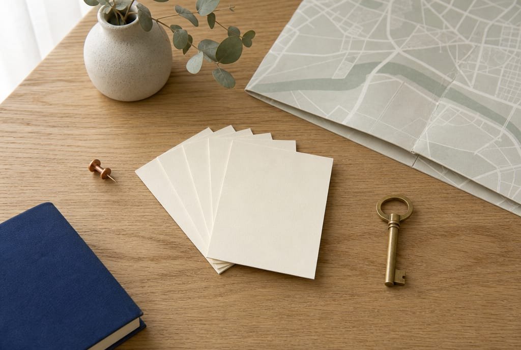 Zes blanco crèmekleurige visitekaartjes in een waaier op een eiken bureau, met een koperen punaise, een messing sleutel, een gevouwen plattegrond zonder namen en een navy notitieboek.