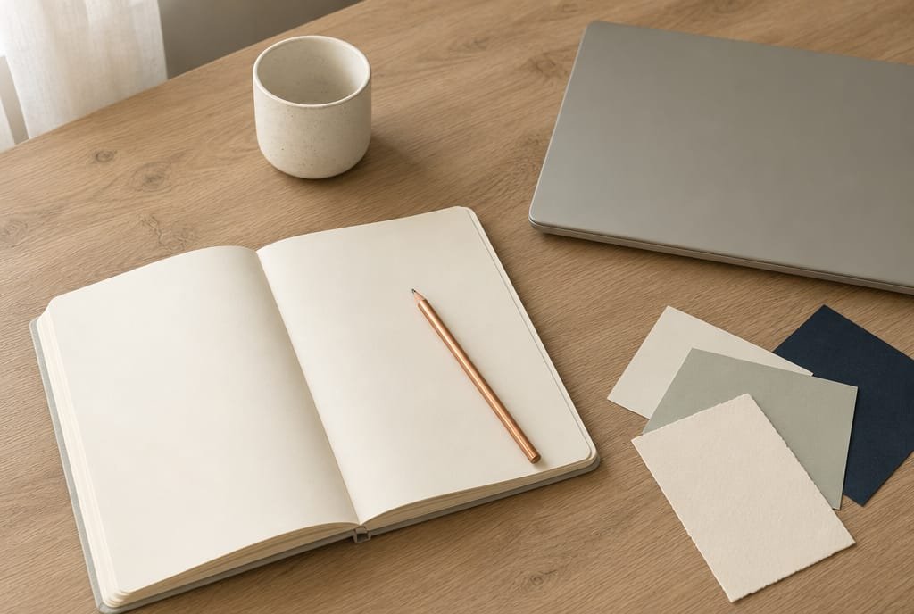 Een opengeslagen notitieboek met een koperkleurig potlood op een eiken bureau, naast een dichte laptop, een koffiekop en papierstalen in crème, grijsgroen en navy.