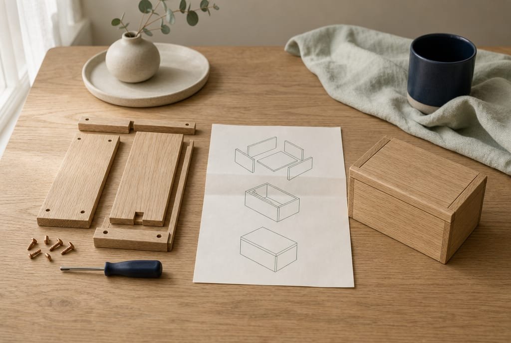 Losse eiken plankjes met koperen schroefjes en een schroevendraaier links, een gevouwen bouwtekening met lijntekeningen in het midden en rechts het afgewerkte eiken kistje, op een eiken bureau.