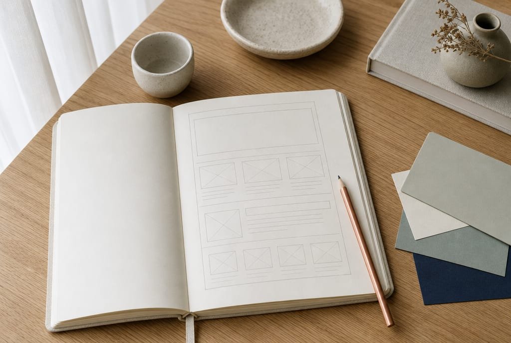 Een opengeslagen notitieboek met een in potlood geschetste indeling van een website in lege vakken, een koperkleurig potlood, een kopje en papierstalen in grijsgroen en navy, op een eiken bureau.