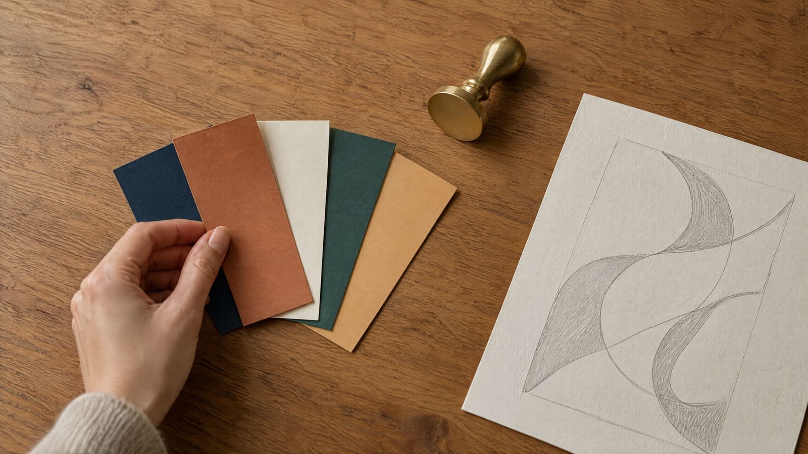 Bovenaanzicht van een eiken bureau met uitgewaaierde papieren kleurstalen in navy, koper, crème, duinteal en amber, een koperen stempel en een potloodschets van abstracte vormen.