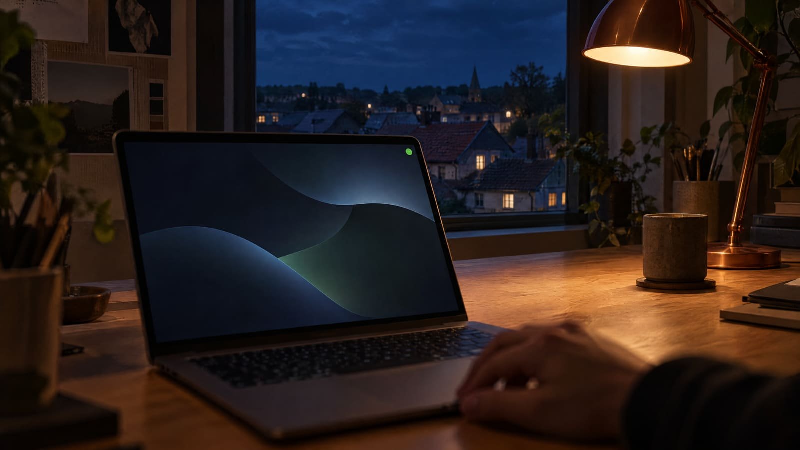 's Avonds in een ontwerpstudio: een geopende laptop op een eiken bureau met een rustig, donker scherm en één klein groen statuslampje, een hand naast het trackpad, een koperen bureaulamp die een warme lichtplas werpt, en op de achtergrond lage daken van een kleine stad tegen een donkerblauwe avondlucht.