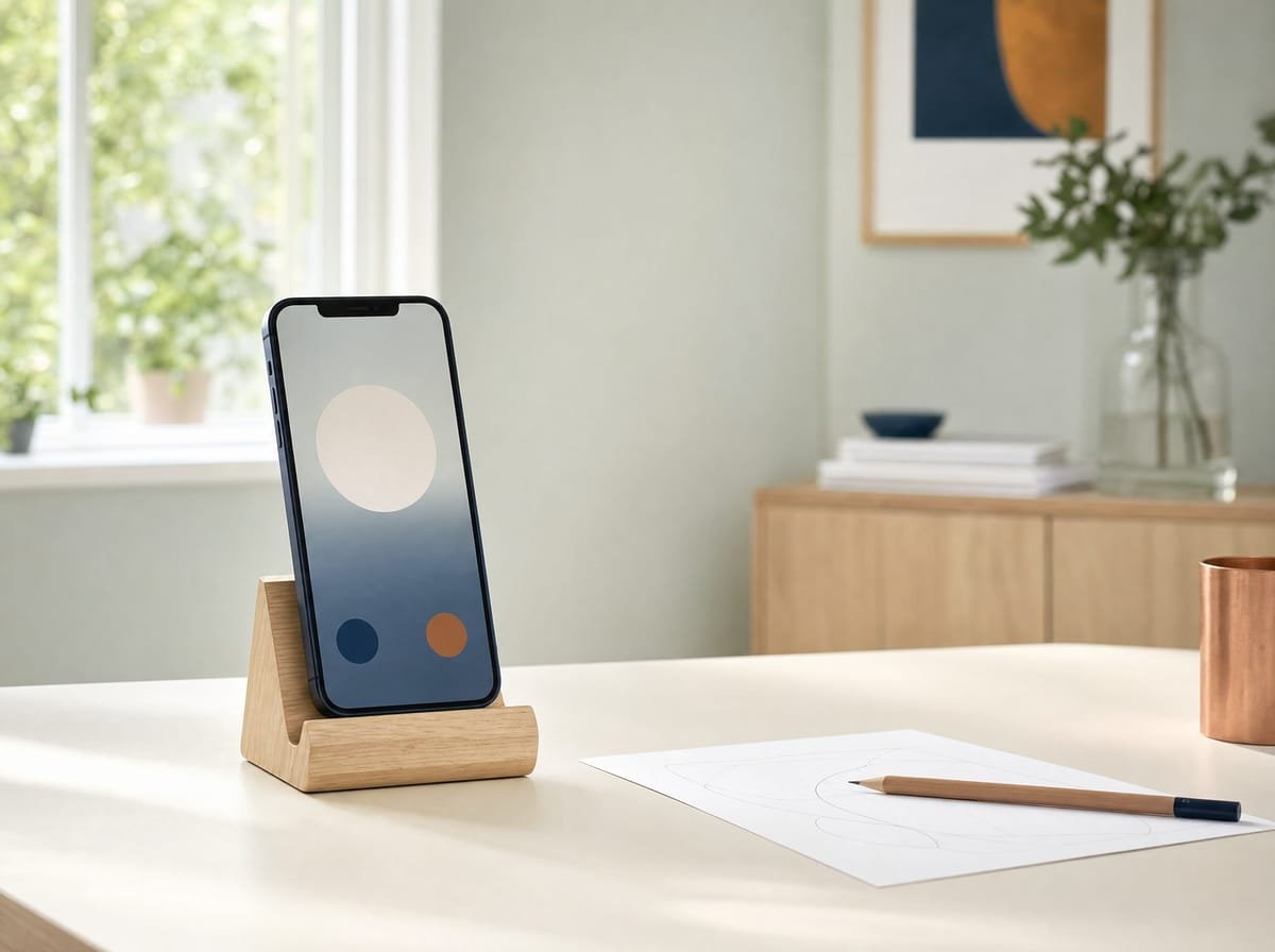 Een telefoon in een houten standaard op een crèmekleurig bureau, met een potlood en een vel papier ernaast: een kort telefoongesprek.