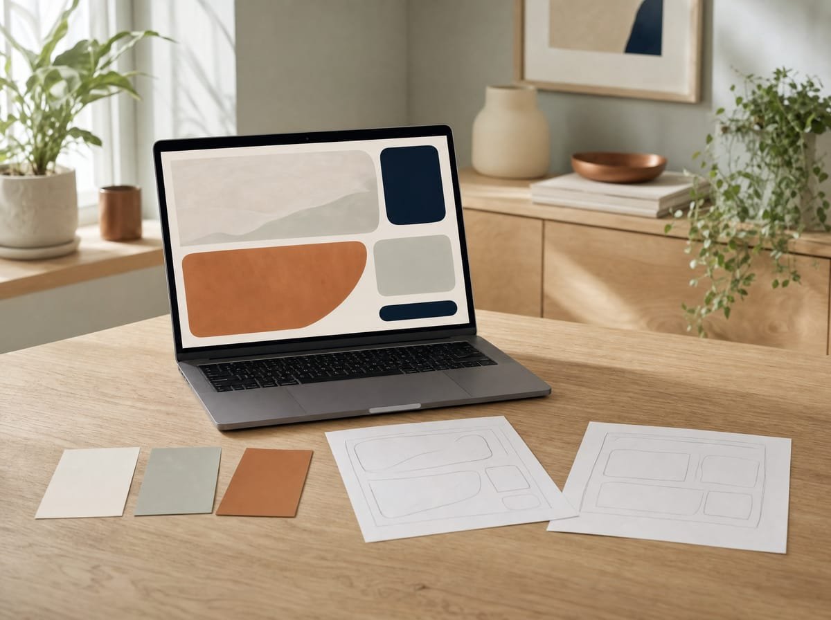 Een laptop met een eerste opzet van een website in grote zachte vlakken, met kleurstalen en schetsbladen op het bureau ernaast.