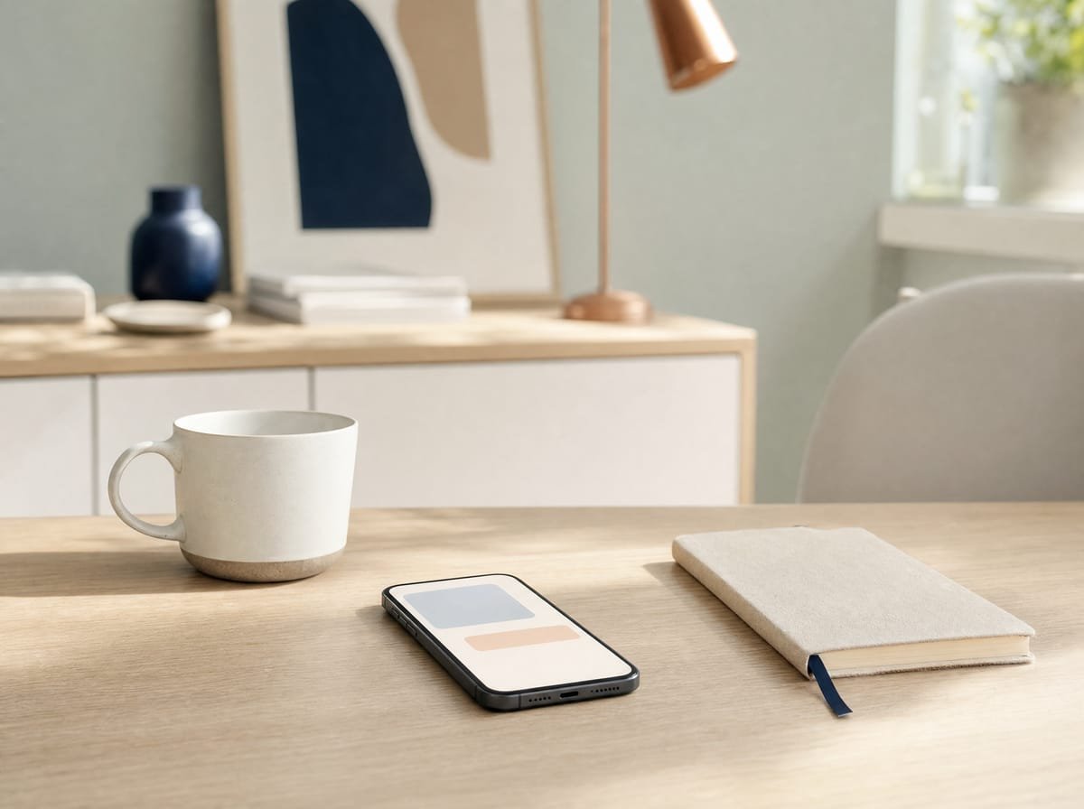 Een telefoon op een eiken bureau naast een witte koffiekop en een gesloten notitieboekje, alsof er net een bericht is verstuurd.