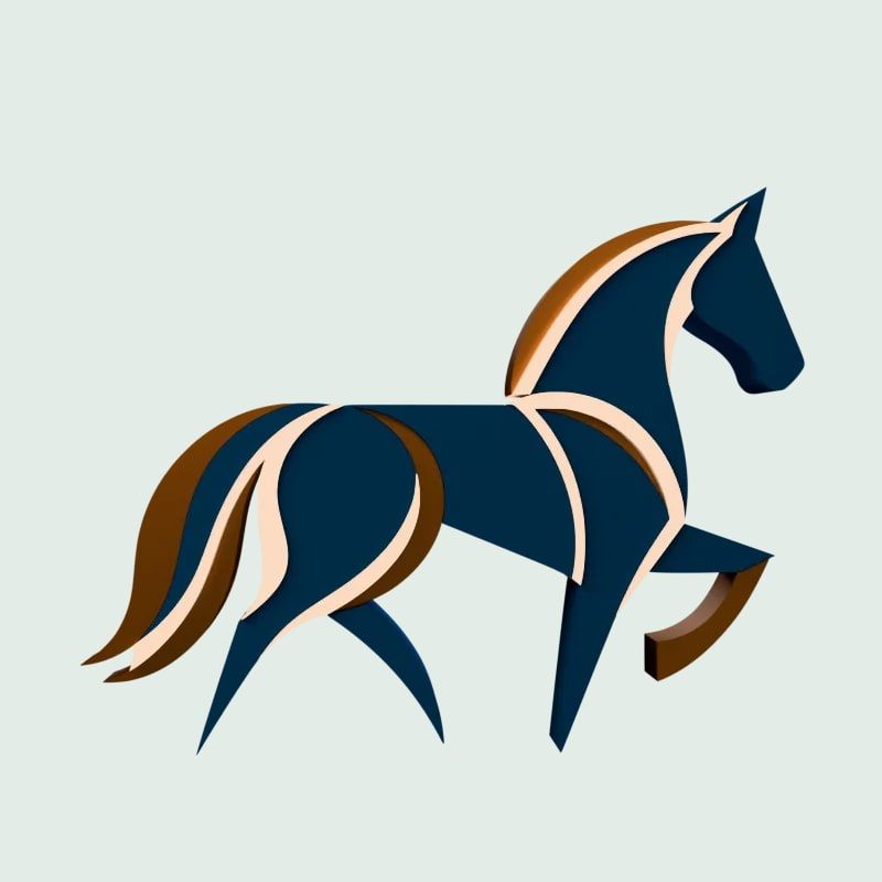 Een gestileerd 3D-paard in navy, koper en crème, met gelaagde silhouetvormen die de merkletter naspelen.