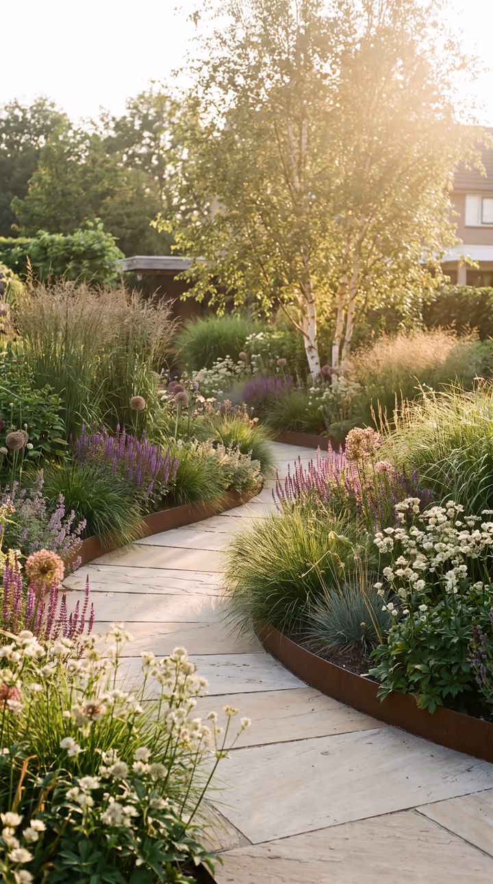 Een tuin in het avondlicht: een pad van lichte natuursteen tussen borders met siergrassen en paarse salie.