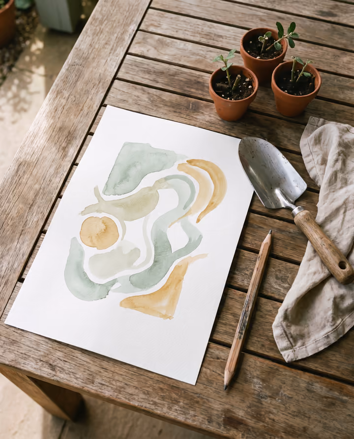 Een geschilderd tuinontwerp op een eiken tafel, met een potlood en stekjes in terracotta potjes.