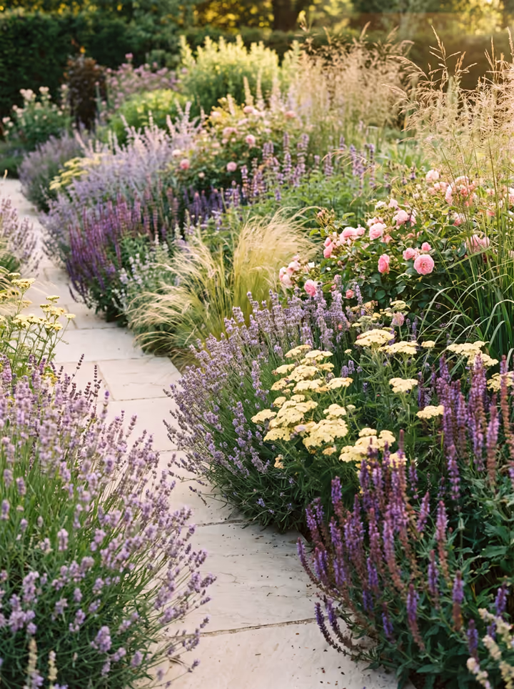 Een border in volle bloei met lavendel, salie, rozen en wuivende siergrassen langs een stenen pad.